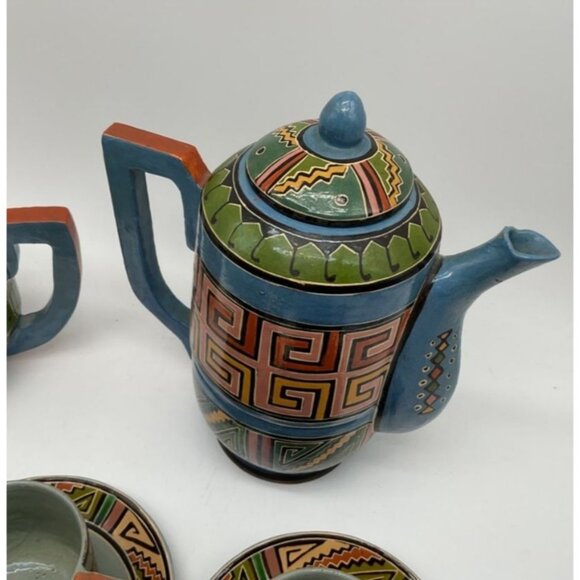 Mid-Century Hand-Painted Mexican Tlaquepaque Pottery Coffee & Tea Set 6 Cups - Picture 8 of 9